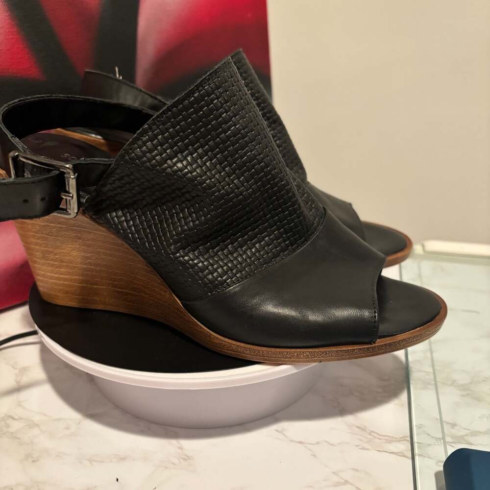 Sophia Milano Black Leather Woven Peep Toe Wedge Sandals